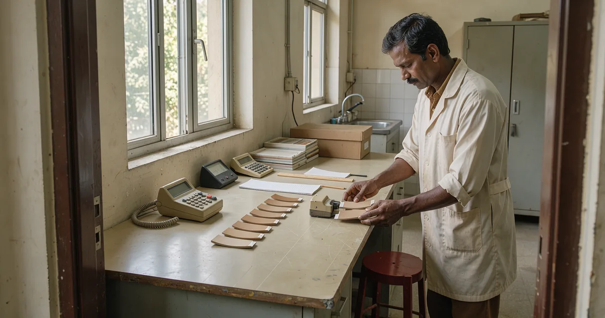A laboratory technician comparing pigment-coloured samples beside a colour-measuring instrument in a sunlit research room